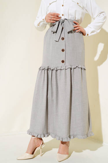 Düğme Detaylı Keten Etek Gri - Etek