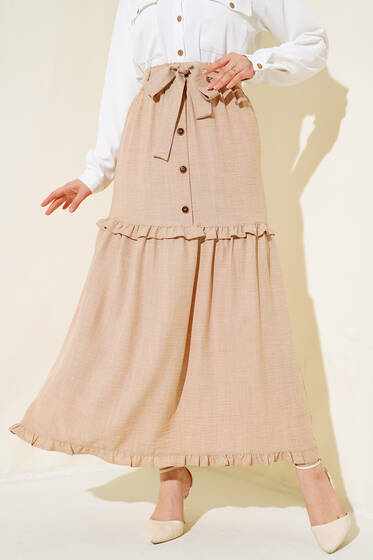Düğme Detaylı Keten Etek Latte - Etek