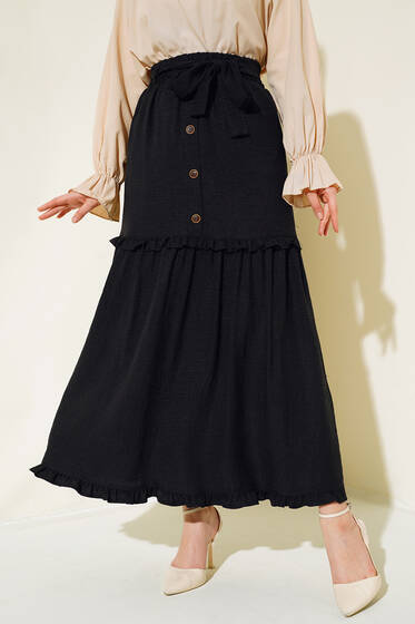 Düğme Detaylı Keten Etek Siyah - Etek