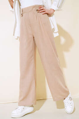 Düğme Detaylı Keten Salaş Pantolon Bej - Kumaş Pantolon