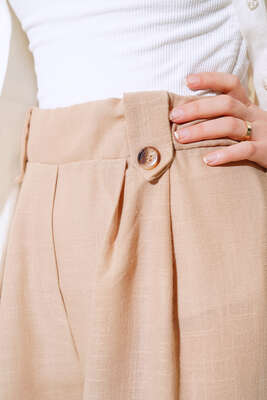 Düğme Detaylı Keten Salaş Pantolon Bej - Kumaş Pantolon