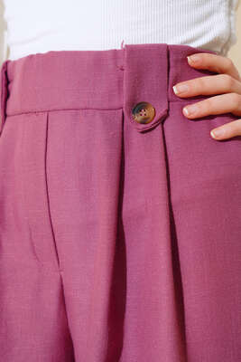 Düğme Detaylı Keten Salaş Pantolon Magenta - Kumaş Pantolon