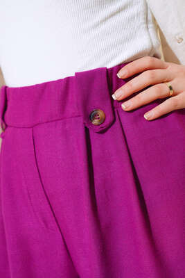 Düğme Detaylı Keten Salaş Pantolon Menekşe - Thumbnail