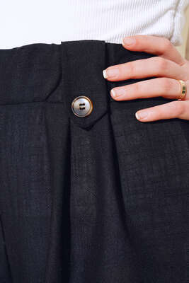 Düğme Detaylı Keten Salaş Pantolon Siyah - Thumbnail