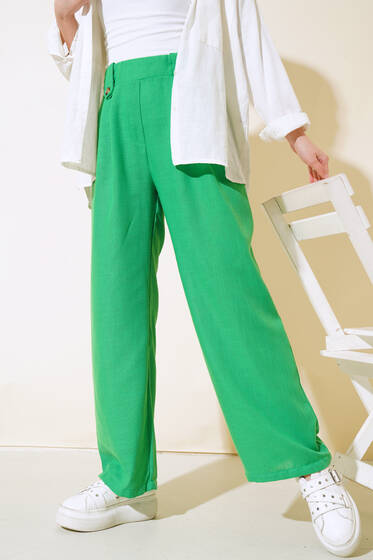 Düğme Detaylı Keten Salaş Pantolon Yeşil - Kumaş Pantolon