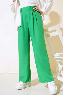 Düğme Detaylı Keten Salaş Pantolon Yeşil - Kumaş Pantolon