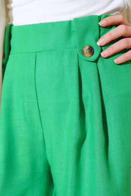 Düğme Detaylı Keten Salaş Pantolon Yeşil - Thumbnail