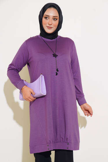 Düğme Detaylı Kolyeli Büyük Beden Tunik Lila - Tunik