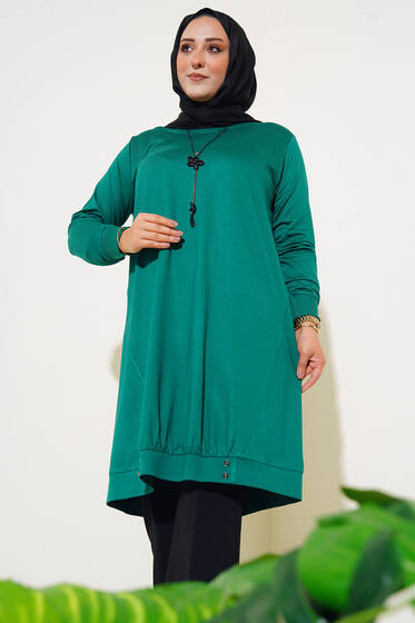 Düğme Detaylı Kolyeli Büyük Beden Tunik Yeşil - Tunik