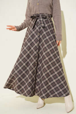 Düğme Detaylı Kuşaklı Ekoseli Etek Kahve - ALİ AKKAYA