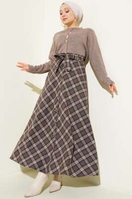 Düğme Detaylı Kuşaklı Ekoseli Etek Kahve - Etek