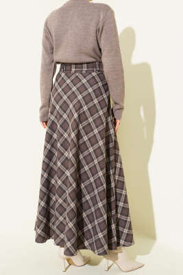Düğme Detaylı Kuşaklı Ekoseli Etek Kahve - Etek