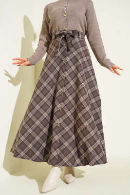 Düğme Detaylı Kuşaklı Ekoseli Etek Kestane - ALİ AKKAYA