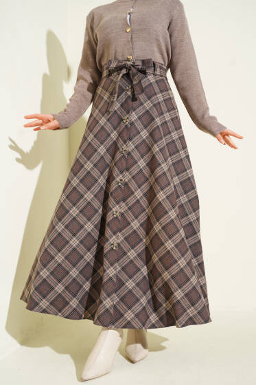 Düğme Detaylı Kuşaklı Ekoseli Etek Kestane - Etek