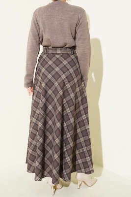 Düğme Detaylı Kuşaklı Ekoseli Etek Kestane - Etek