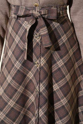 Düğme Detaylı Kuşaklı Ekoseli Etek Kestane - Etek