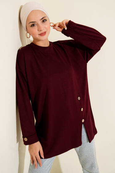 Düğme Detaylı Loyşa Tunik Bordo - Tunik