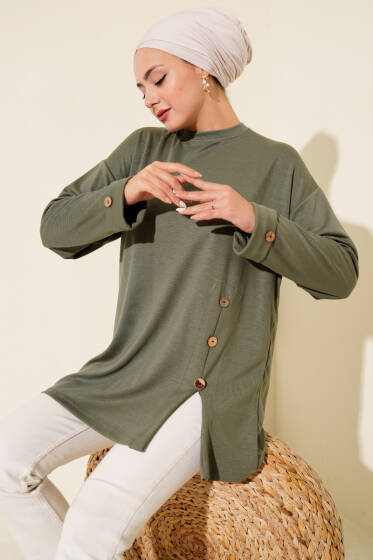 Düğme Detaylı Loyşa Tunik Haki - Tunik