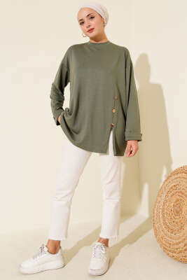 Düğme Detaylı Loyşa Tunik Haki - Tunik