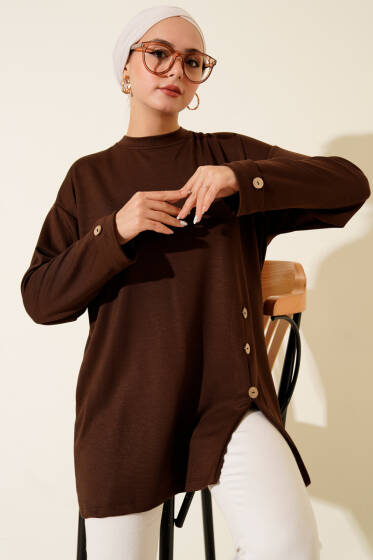 Düğme Detaylı Loyşa Tunik Kahve - Tunik