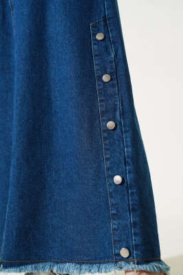 Düğme Detaylı Püsküllü Kot Etek Koyu Mavi - Uzun Etek