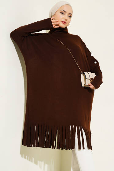 Düğme Detaylı Püsküllü Tunik Acı Kahve - Tunik