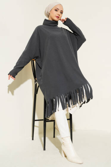 Düğme Detaylı Püsküllü Tunik Füme - Tunik