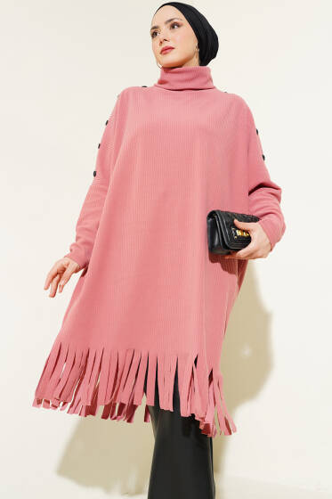 Düğme Detaylı Püsküllü Tunik Gül Kurusu - Tunik