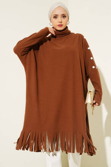 Düğme Detaylı Püsküllü Tunik Kahve - Tunik