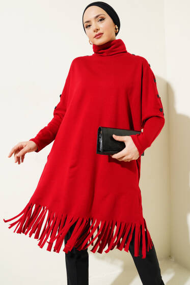 Düğme Detaylı Püsküllü Tunik Kırmızı - Tunik