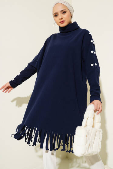 Düğme Detaylı Püsküllü Tunik Lacivert - Tunik