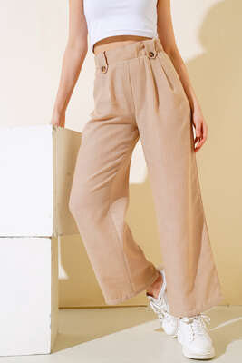 Düğme Detaylı Salaş Pantolon Bej - Kadın Giyim Modelleri
