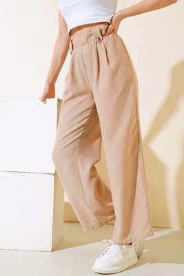 Düğme Detaylı Salaş Pantolon Bej - Kadın Giyim Modelleri