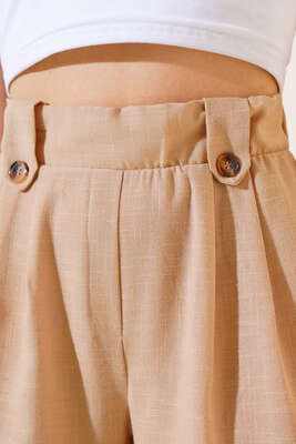 Düğme Detaylı Salaş Pantolon Bej - Thumbnail