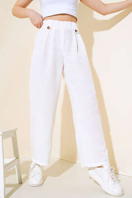 Düğme Detaylı Salaş Pantolon Beyaz - Thumbnail