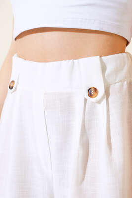 Düğme Detaylı Salaş Pantolon Beyaz - Thumbnail