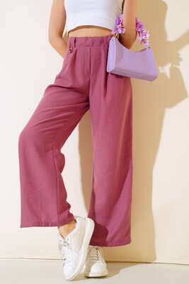Düğme Detaylı Salaş Pantolon Magenta 