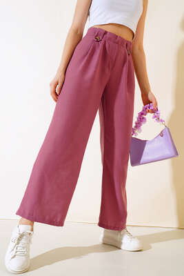 Düğme Detaylı Salaş Pantolon Magenta - Kadın Giyim Modelleri