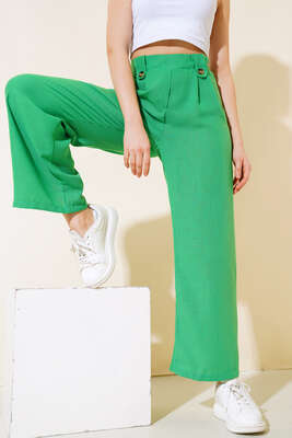 Düğme Detaylı Salaş Pantolon Yeşil 