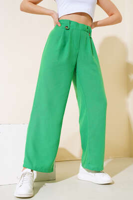 Düğme Detaylı Salaş Pantolon Yeşil - Kadın Giyim Modelleri
