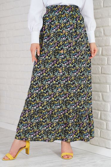 Düğme Detaylı Siyah Desenli Etek - Pileli Etek