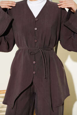 Düğme Detaylı Tensel İkili Takım Acı Kahve - İkili Takım