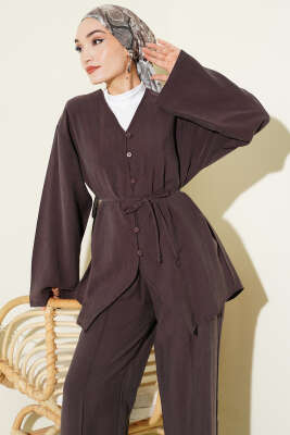 Düğme Detaylı Tensel İkili Takım Acı Kahve - İkili Takım