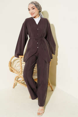 Düğme Detaylı Tensel İkili Takım Acı Kahve - DESTİNA