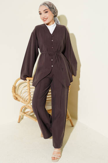 Düğme Detaylı Tensel İkili Takım Acı Kahve - İkili Takım