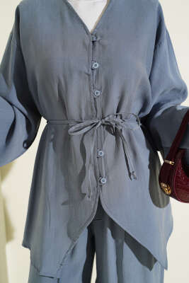 Düğme Detaylı Tensel İkili Takım İndigo - İkili Takım