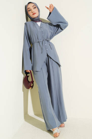 Düğme Detaylı Tensel İkili Takım İndigo - İkili Takım