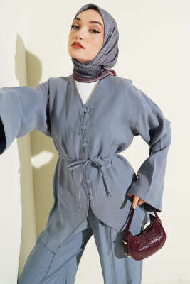 Düğme Detaylı Tensel İkili Takım İndigo - İkili Takım