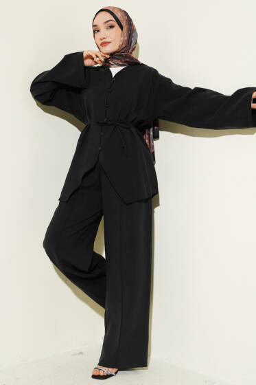 Düğme Detaylı Tensel İkili Takım Siyah - İkili Takım