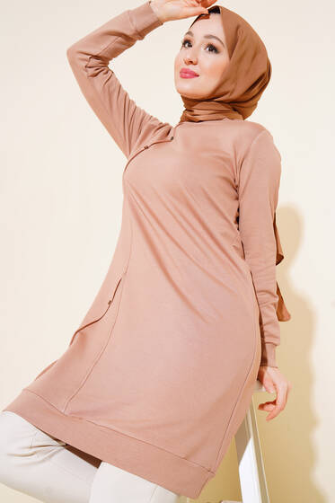 Düğme Detaylı Uzun Tunik Bej - Tunik